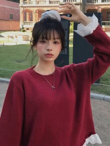 DAZY Patchwork Contrast Color Lace Trim Loose Long Sleeve Red Pullover Knit Sweater Casual Vacation Korean Style Daily Autumn/Winter Women's Sweater - Red - View 6