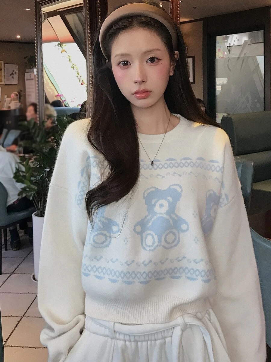 DAZY Bear Pattern Jacquard Loose Short Long Sleeve Casual Vacation Korean Style Girl Autumn/Winter Versatile Daily Knit Sweater For Women - Apricot - View 1