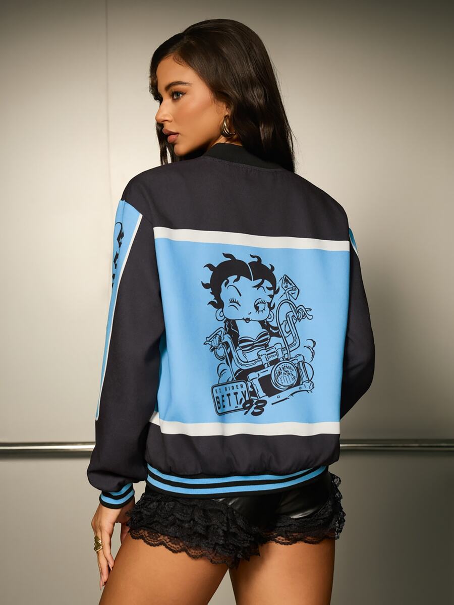 Betty Boop x SHEIN Women's Long Sleeve Single-Breasted Casual Baseball Jacket - Black - View 1