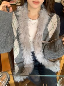 DAZY Women's Diamond Quilted Casual Korean Style Fur Collar Patchwork Long Sleeve Autumn/Winter Comfortable Cardigan - Grey - View 6