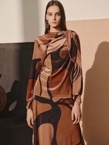 MOTF PREMIUM WOMEN'S VELVET PRINTED TWIST NECK LONG SLEEVE TOP, AUTUMN/WINTER - Orange - View 5
