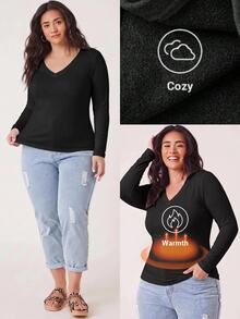 EMERY ROSE Plus Size Women V Neck Black Long Sleeve Fleece Thermal Shaping Tee Fit T-Shirt Fall/Winter Warmth - White - View 2