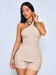 SOLERSUN Tall Elegant Black And Brown Halter Neck Slit Top And Fitted Shorts Textured Casual Set - Apricot - View 4