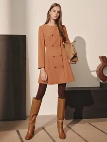 MOTF PREMIUM WOMEN'S SOLID COLOR LONG SLEEVE DOUBLE-BREASTED ROUND NECK FASHION BUSINESS DRESS - Coffee - View 1
