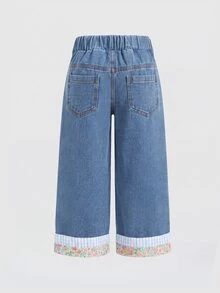 SHEIN 1pc Girls Casual Preppy Denim Straight Leg Floral Pants - Blue - View 2