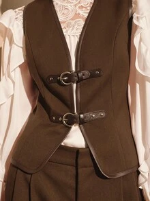 MOTF PREMIUM Damen Herbst/Winter Business Lässig Pendler Lederweste mit Knopfdekoration - Mokka-Braun - Übersicht 2