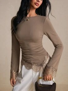 Poéselle 女款蕾絲拼接百褶休閒日常長袖T恤 - 摩卡棕 - 查看 7