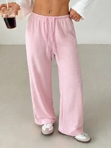 SHEIN PETITE 女款純色抽繩腰鬆軟針織寬鬆休閒長褲，秋冬款，寬腿褲 - 粉色 - 查看 1