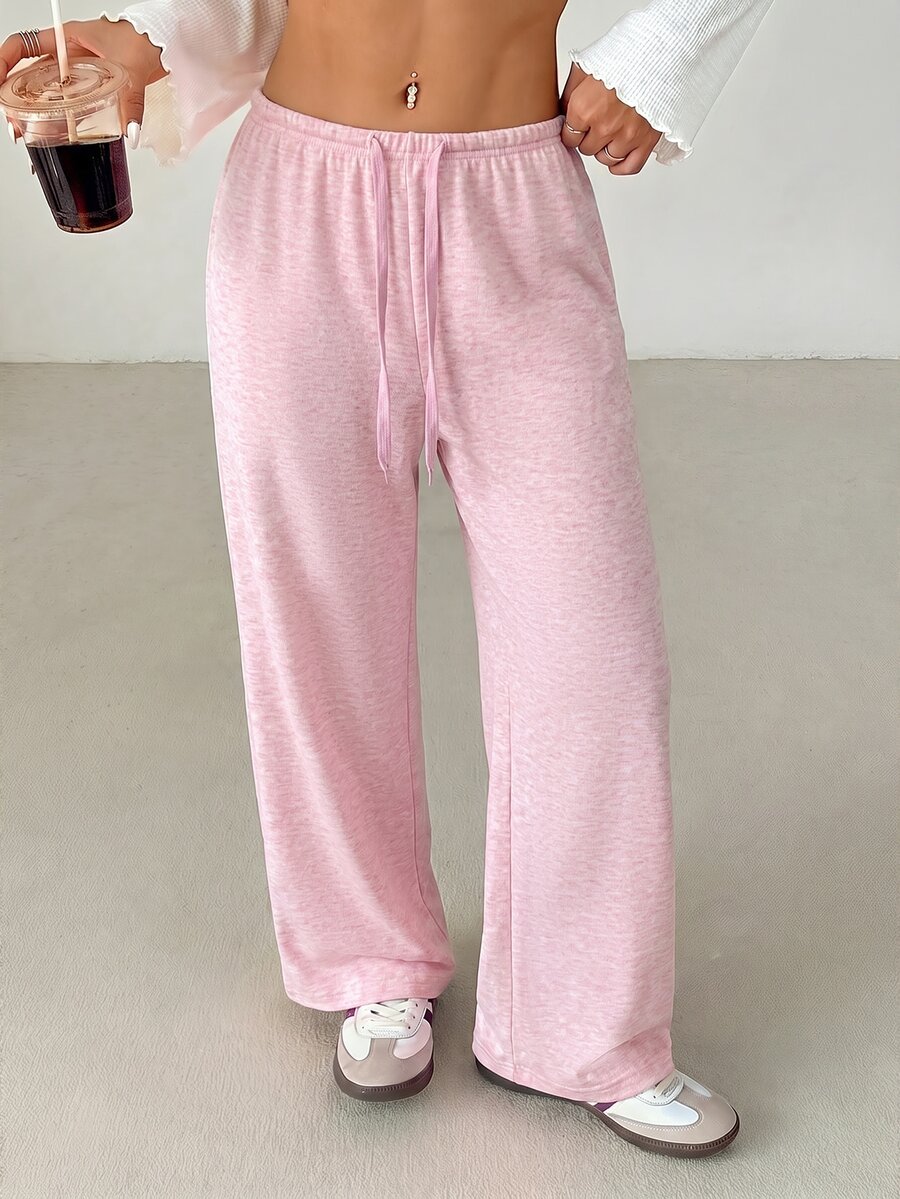 SHEIN PETITE 女款純色抽繩腰鬆軟針織寬鬆休閒長褲,秋冬款,寬腿褲 - 粉色 - 查看 1