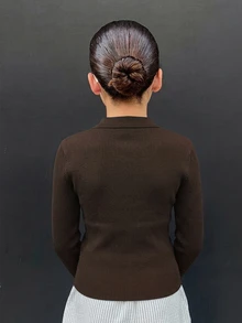 Hapijoa Tween女孩POLO領修身長袖基礎針織上衣 秋冬款 - 咖啡棕 - 查看 2