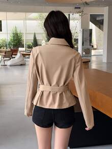 K-Vae Women's Long Sleeve Button-Up Collar Solid Color Casual Trench Coat Jacket - Apricot - View 2