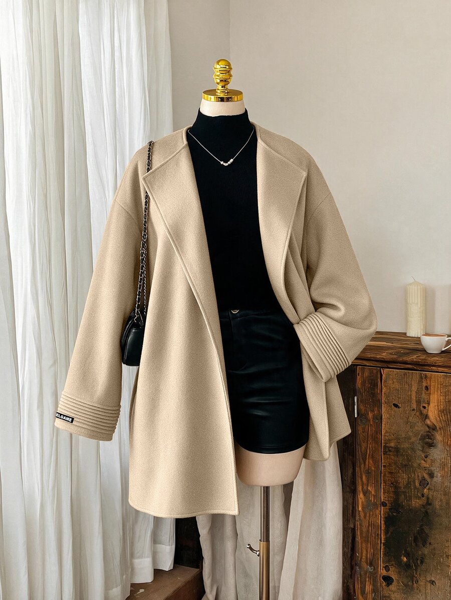 SHEIN LUNE CURVE Women's Plus Size Autumn/Winter Unlined Solid Light Khaki Fashion Minimalist Loose Cardigan Overcoat, Cuff Strip Design, With Pockets, Suitable For Outings, Commuting And Daily Wear - Khaki - View 1