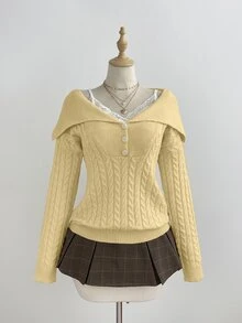 Elamini Women's White Casual Versatile Commute Daily Wear Classic Cable Knit Half-Open Front Pullover Sweater, Autumn/Winter - Yellow - View 3