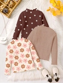 3件組花卉條紋印花荷葉邊長袖休閒上衣，適合女嬰 - 彩色 - 查看 2