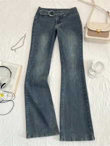 SHEIN CURVE+ Plus Size Women's Washed Vintage Distressed Flare Leg Denim Jeans - Dusty Blue - View 6