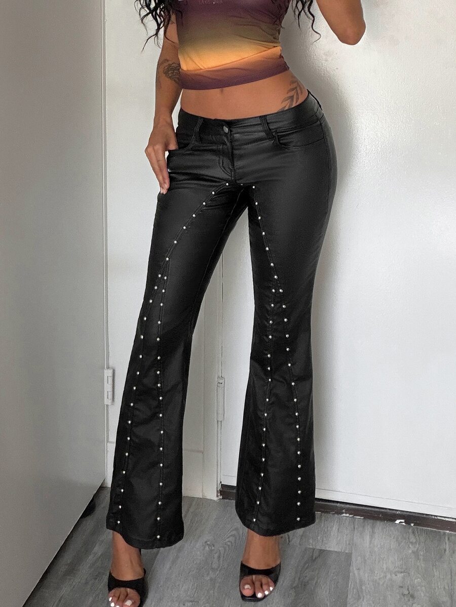 Jeanoix Celana Flare Wanita Gaya Y2K, Model Pinggang Rendah, Motif Patchwork, Dekorasi Rivet, Lapisan PU Imitasi - Hitam - View 1