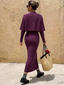 Livesso Women's Solid Color Minimalist Fashion Ribbed Knit Long Dress And Cape Cover Up Sweater 2 Pieces Set - Purple - View 2