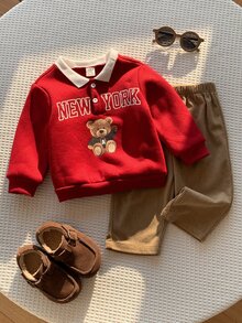 SHEIN 男女嬰幼兒 2件組秋冬保暖內裡加厚可愛泰迪熊圖案 Polo 領運動衫套裝，Polo 套裝，嬰兒冬季衣物，聖誕 - 酒紅色 - 查看 1