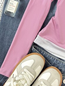 SHEIN 青少年女孩 T-shirt 春秋冬新款 粉色白色領口休閒學院風長袖 T-shirt，返校季，對比色襯衫領長袖休閒雙用途上衣 - 粉色 - 查看 7