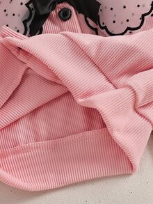 SHEIN 2件組女嬰公主風粉灰波點網紗荷葉邊蝴蝶結長袖圓領休閒連身褲外套套裝，秋季度假款，羅紋設計 - 粉色 - 查看 11