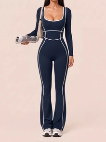 SHEIN BAE Women's Piped Long Sleeve Daily Fitness Sports Jumpsuit - Navy Blue - View 1