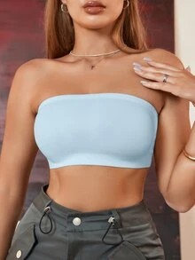 SHEIN 女款純色舒適休閒抹胸內衣（無墊） - 藍色 - 查看 1