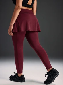 Powerista Women's Plus Size Solid Color 2-In-1 Leggings Skirt, Suitable For Running, Workout, Sports, Yoga - Burgundy - View 2
