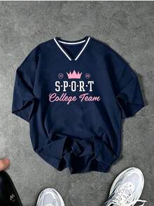 GymRaken American Vintage College Style Crown Letter Print V-Stripe Contrast Collar Loose Casual Campus Top, Gym - Navy Blue - View 1