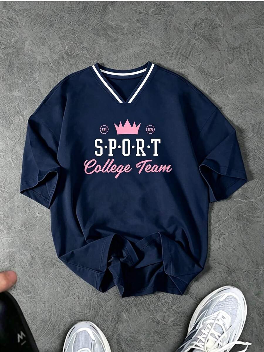 GymRaken American Vintage College Style Crown Letter Print V-Stripe Contrast Collar Loose Casual Campus Top, Gym - Navy Blue - View 1