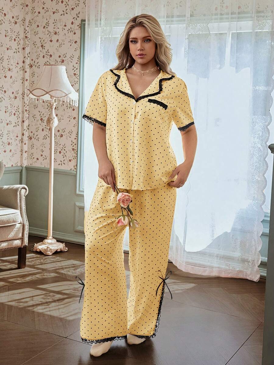 CottageSlumber Pijama Longo de Manga Curta Feminino com Patchwork de Renda em Blocos de Cor, Gola de Lapela, Estampa de Poá, Roupa de Descanso Plus Size - Amarelo - Visão 1