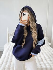Easowa Women's Patchwork Striped Drop Shoulder Long Sleeve Casual Hooded Sweatshirt - Navy Blue - View 4