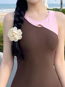 DAZY 1pc Coffee Color Block Sporty Style Women's One-Piece Swimsuit - Multicolor - View 4