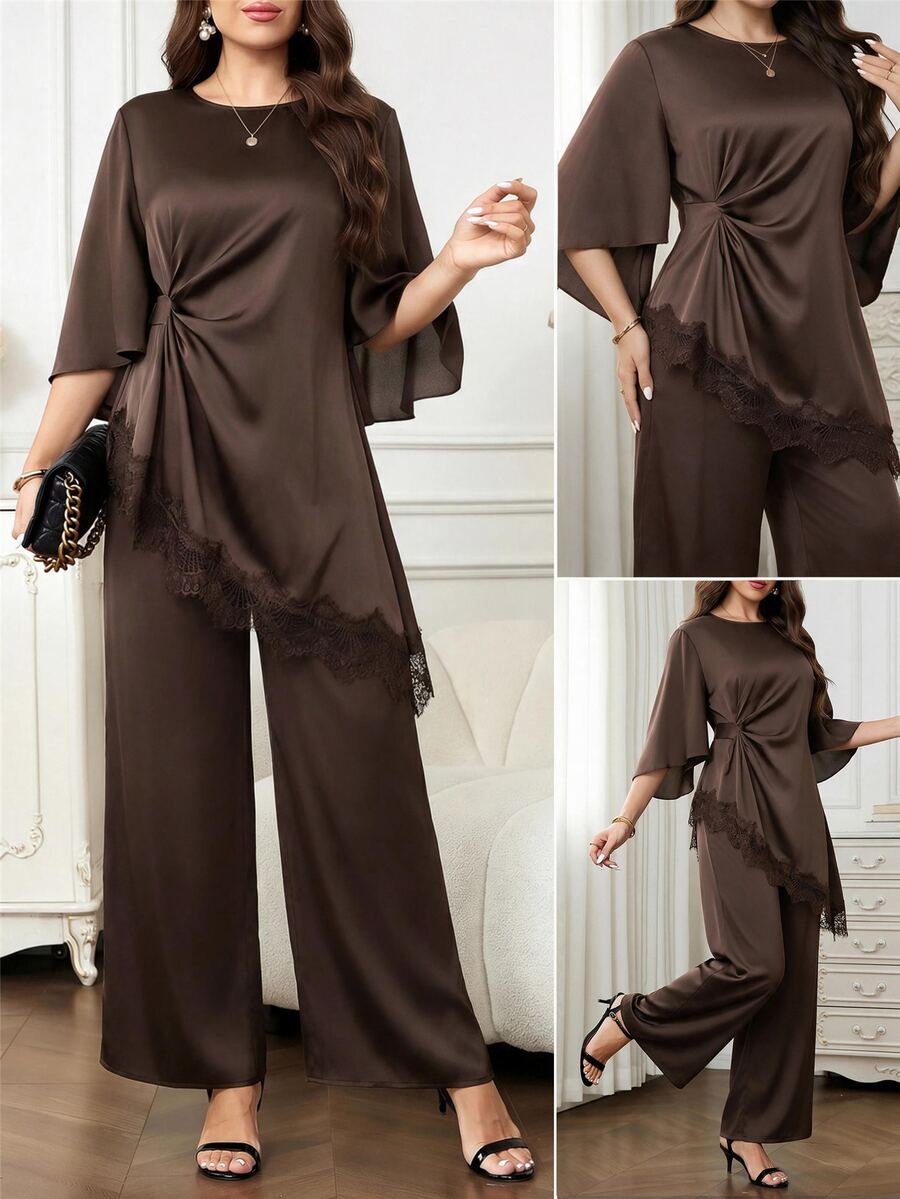 SHEIN Clasi Women's Lace Asymmetrical Hem Pleated Top And Satin Loose Fit Pants 2 Pieces Set - Coffee Brown - View 1