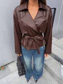 Aloruh Jaket Trench Coat Pendek Khaki Serbaguna untuk Musim Gugur/Dingin untuk Wanita - Coklat - View 6
