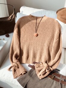 SHEIN 女童寬鬆極簡圓領綁帶袖裝飾秋季毛衣，棕色針織羅紋蝴蝶結套頭衫，適合冬季校園返校穿搭 - 杏色 - 查看 4