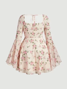 SHEIN MOD 大尺碼女款花卉印花甜心領喇叭袖優雅洋裝 - 彩色 - 查看 3