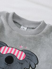 Girls' Koala Embroidery & Heart Print Long Sleeve Plush Pajama Set, Fleece Lounge Wear - Baby Blue - View 5