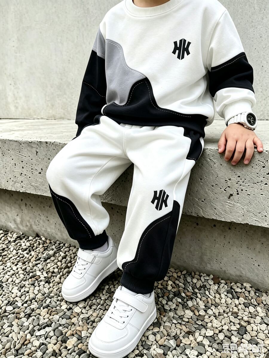 Genkimix Kids 男童秋冬數位印花拼色拼接衛衣套裝,圓領不對稱拼色長袖上衣搭配收口長褲,2件套時尚寬鬆休閒運動套裝 - 黑與白 - 查看 1