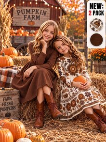 Girls Fall Winter Rib Knit Solid & Vintage Floral Long Sleeve Dress 2pcs Pack - Brown - View 1