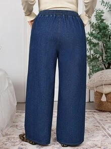SHEIN CURVE+ 大尺碼女款腰部繫帶口袋寬腿休閒牛仔褲 - 藍色 - 查看 2