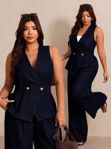 Elaquor Plus Size Women's V-Neck Top And Long Pants Casual Everyday Denim Two Pieces Set - Dark Wash - View 3