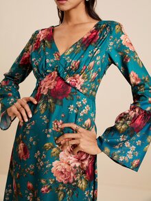 LOTSLUV Women's Elegant Autumn Commute, Dark Green Floral Print, V-Neck Long Sleeve Ruched Fitted Printed Dress - Green - View 7