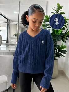 SHEIN 青少年女孩極簡純色V領長袖針織衫，休閒日常穿著，秋冬長袖上衣，學院風V領長袖針織衫，刺繡針織衫 - 藏蓝色 - 查看 3
