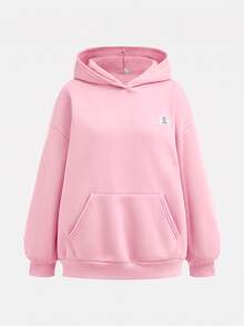 SHEIN Girlism 2件組青少年女孩純色棕色冬季休閒度假返校復古寬鬆圖案秋季連帽衛衣與運動長褲保暖運動套裝 - 粉色 - 查看 6