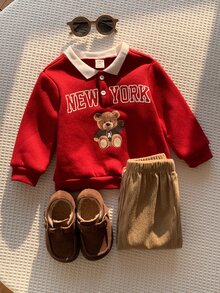 SHEIN 男女嬰幼兒 2件組秋冬保暖內裡加厚可愛泰迪熊圖案 Polo 領運動衫套裝，Polo 套裝，嬰兒冬季衣物，聖誕 - 酒紅色 - 查看 3