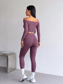 Dewbera Dewbera Set Legging Olahraga Yoga Tanpa Jahitan Model Bahu Terbuka Lengan Panjang Pendek - Purple - View 2