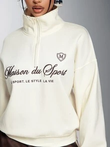 Denimoi Embroidered Verbiage Sweatshirt Fashion High Neck Quarter Zip Sweatshirts Casual Lounge - Apricot - View 2