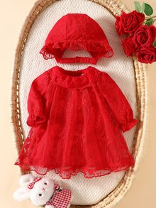 SHEIN 2件組新生女嬰公主芭蕾舞裙套裝，甜美紅色蕾絲花卉長袖圓領常規款派對秋季假日洋裝，附荷葉邊刺繡帽子 - 紅色 - 查看 4