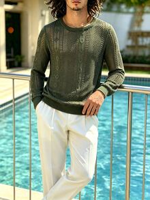 TONEVAULT Men's Spring/Autumn Army Green Hollow Crochet Round Neck Knit Sweater, Thin Long Sleeve Textured Pullover Casual Top - Green - View 3