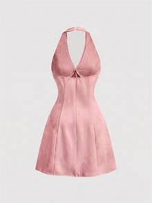 SHEIN MOD 女款甜美蕾絲拼接鈕扣掛脖洋裝 - 粉色 - 查看 3